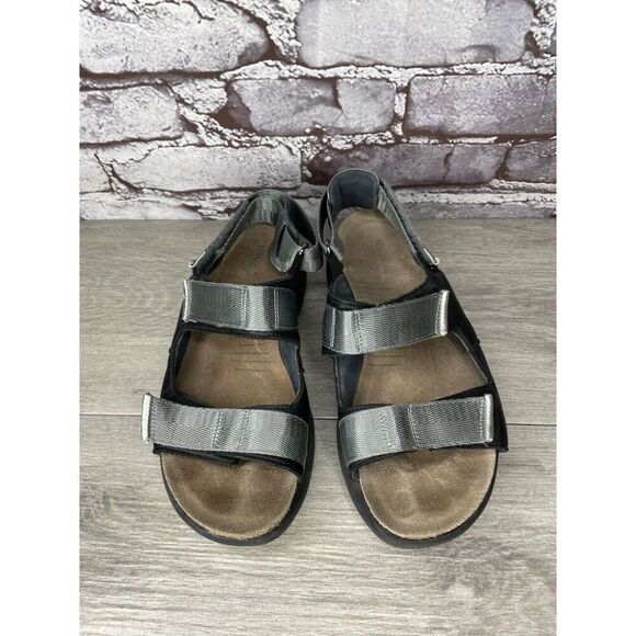 Naot Black Leather Gray Textile Wedge Ankle Strap Sandals Women Sz 38EU/7.5M US - Picture 1 of 16